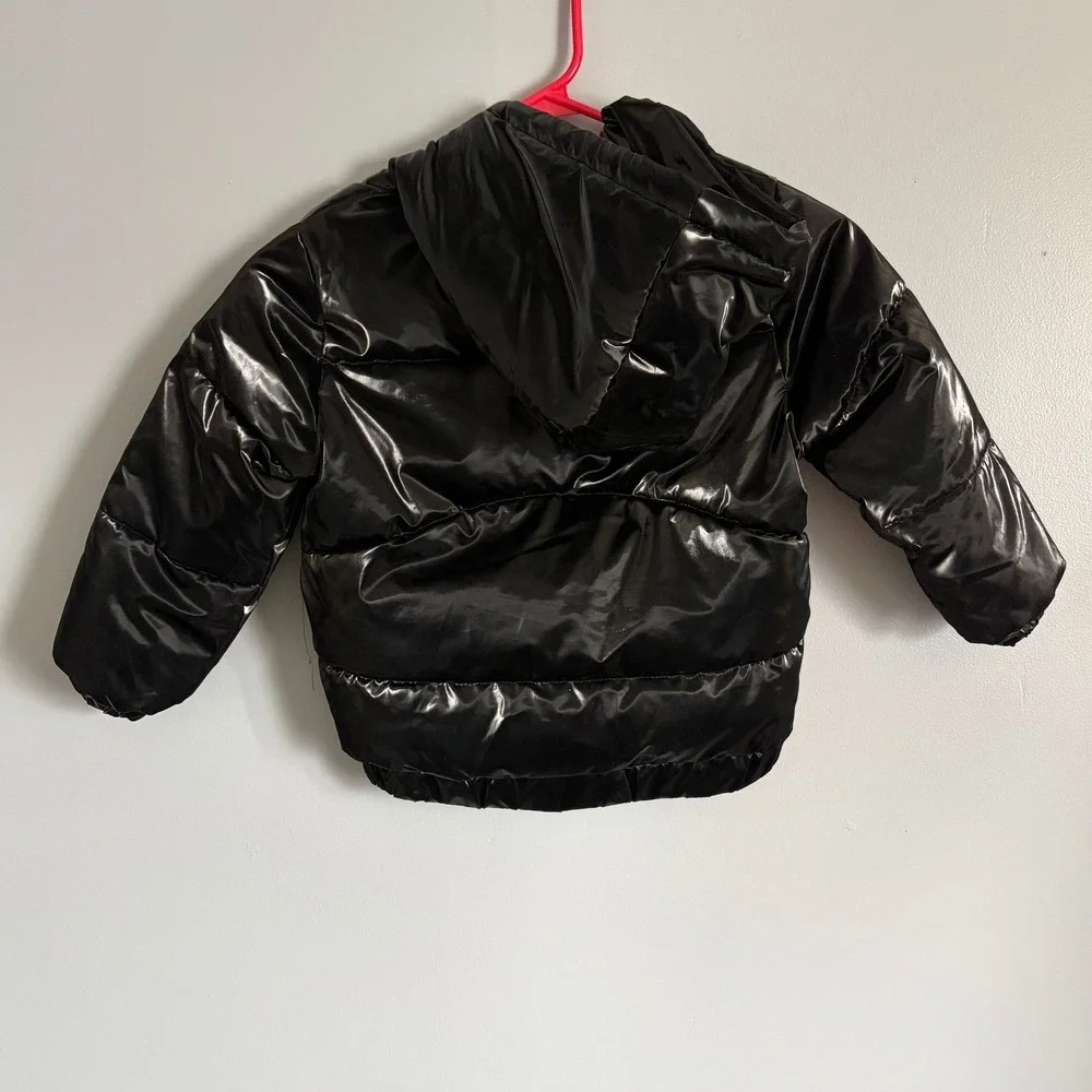 SHEIN Kids Shiny Black Hooded Puffer Jacket Wet Look Quilted Coat Size 5Y